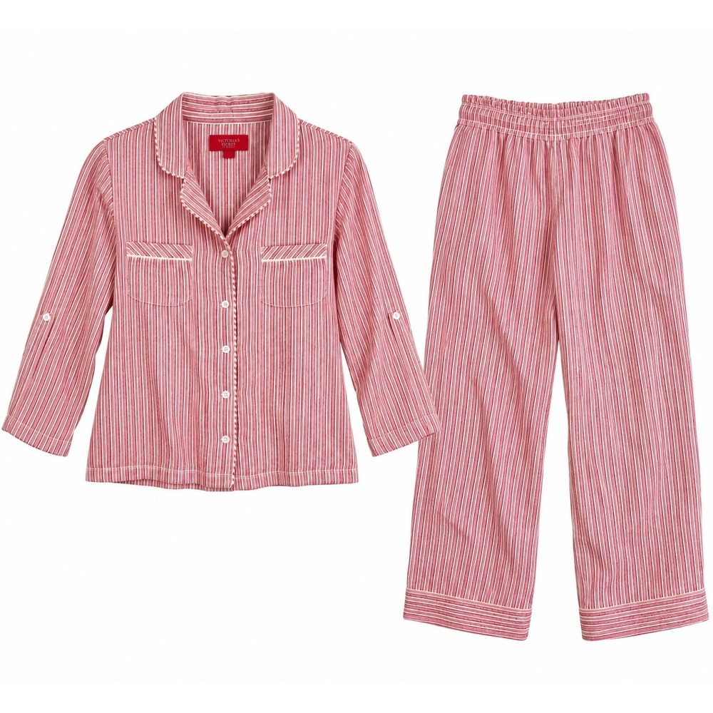 Victoria's Secret Pajama Set Women S Short Pink Striped Metallic Cotton PJ Set